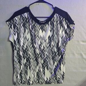 Carol Rose Black White Chevron Zig Zag Print Cap Sleeve Blouse Top XL